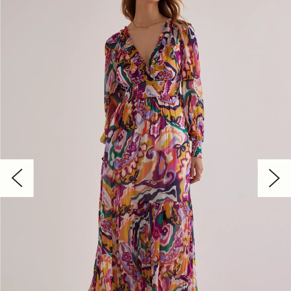 Anthropologie Abstract Print Midi Dress Smocked Waist Ruffle Neck Tassel Tie - Picture 8 of 8